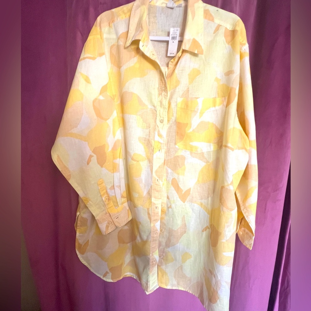 Brand New Gap Yellow Print Linen Blend Long Sleeve Shirt Dress Size XL
